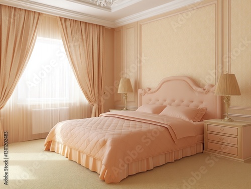 Elegant peach bedroom interior with large bed, curtains, and nightstands.
