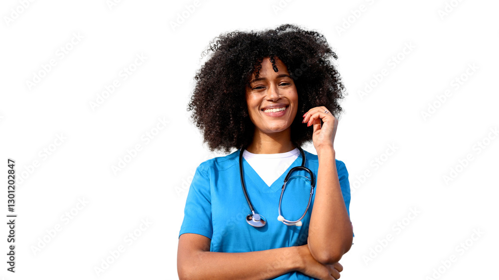 Smiling doctor wearing blue scrubs and stethoscope on transparent background Smiling doctor wearing blue scrubs and stethoscope on transparent background