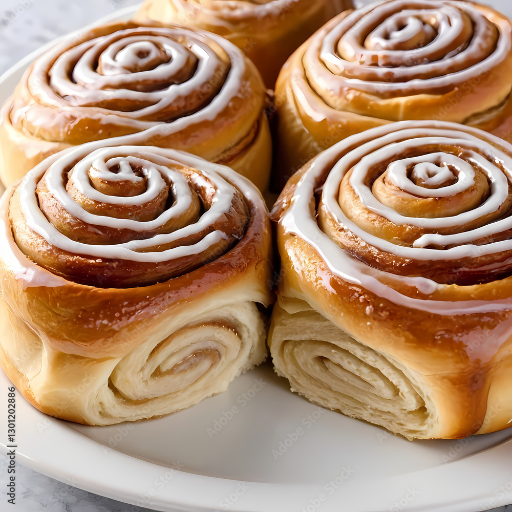 Fototapeta premium Cinnamon rolls, one plain and one drizzled with icing, showcasing a perfect spiral of golden brown dough 