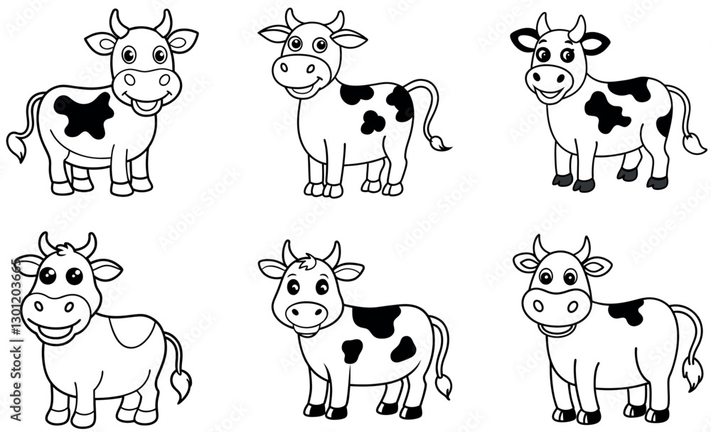 Fototapeta premium Six adorable cartoon cow illustrations in a simple black and white line art style.