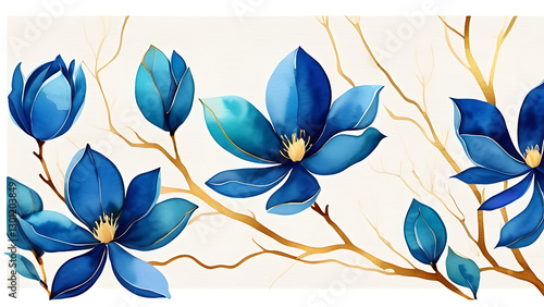 Watercolor Blue Flowers with Gold Branches Decorative Floral Art Design
