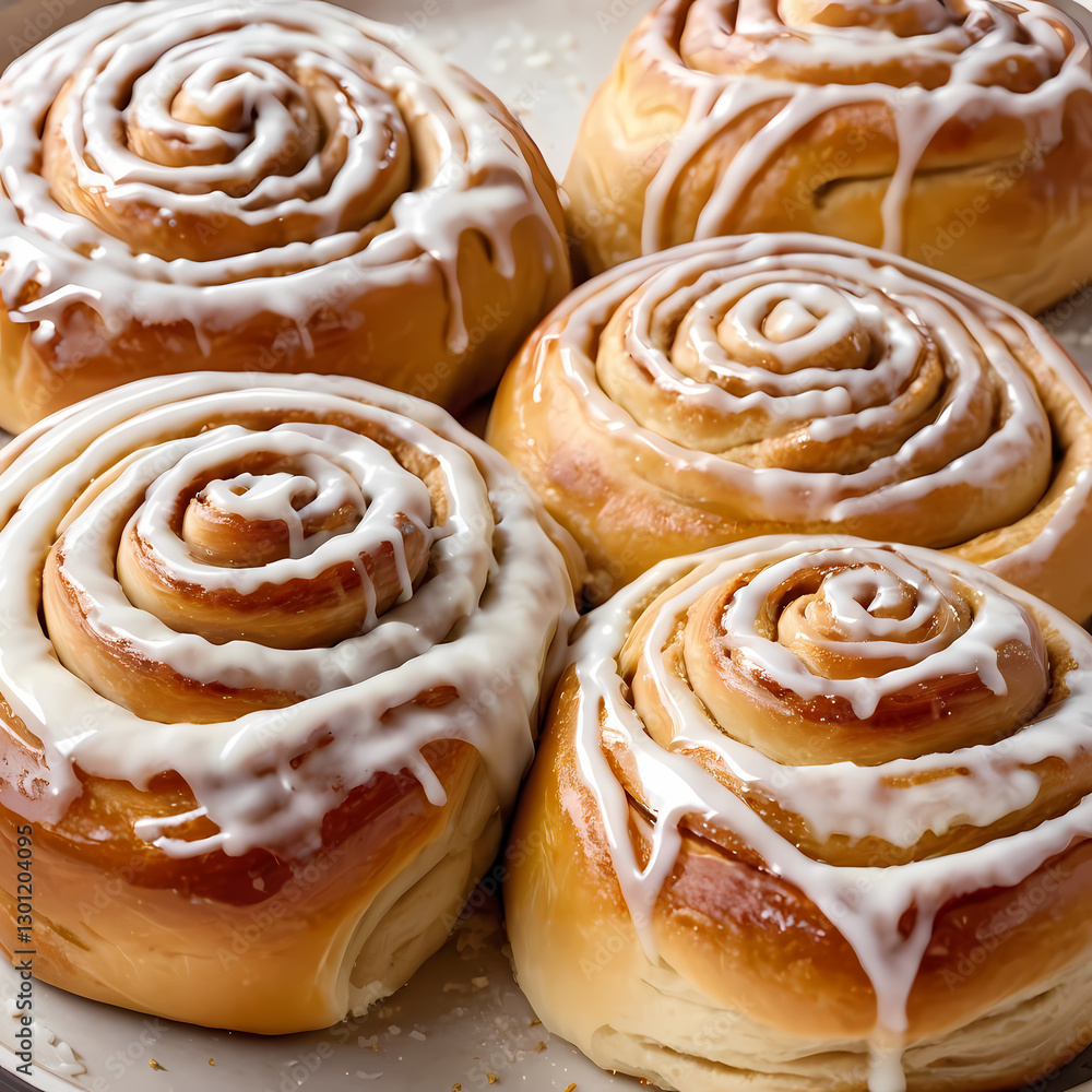 Fototapeta premium Cinnamon rolls, one plain and one drizzled with icing, showcasing a perfect spiral of golden brown dough 
