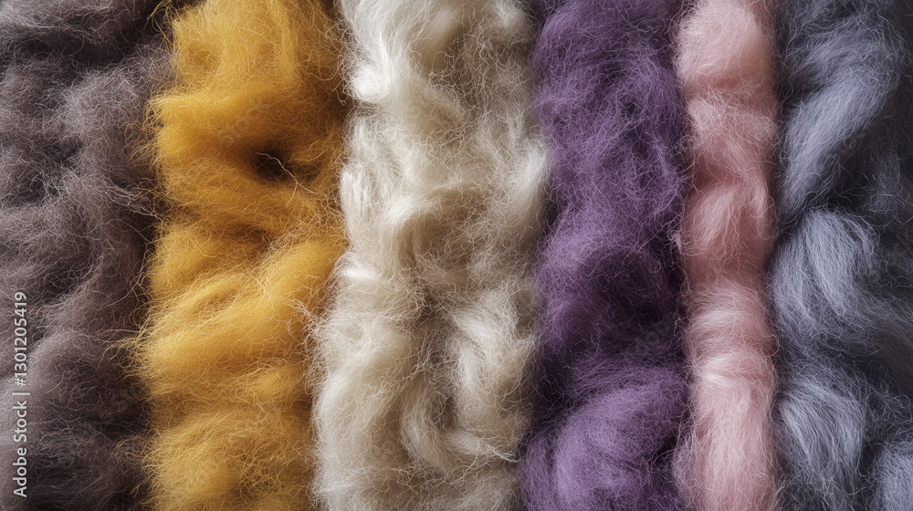 Fototapeta premium Close-up of colorful fluffy fibers in various shades arranged side by side
