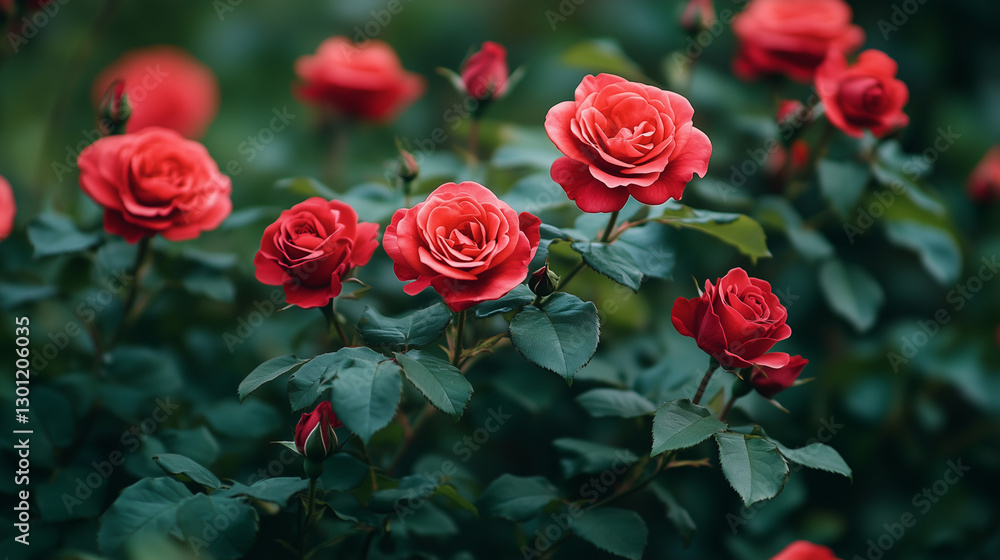 Beautiful close-up of red roses blooming amidst green foliage in a garden Beautiful close-up of red roses blooming amidst green foliage in a garden