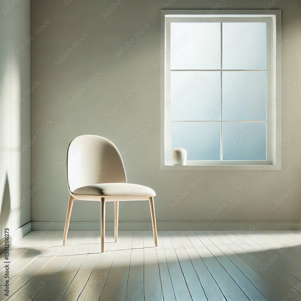 Fototapeta premium A minimalist and aesthetic composition featuring a serene interior. A single white chair with a curved modern design sits in an empty room