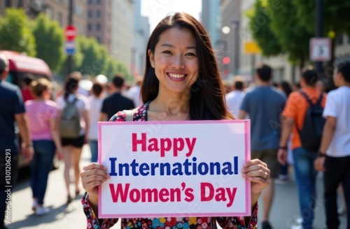 Wallpaper Mural asian woman smiling holding sign with "happy international women's day" on bustling city street. celebration of women's achievements and empowerment. diverse community event, awareness campaign Torontodigital.ca