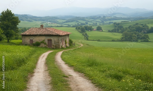 Wallpaper Mural Rustic Stone House on Winding Dirt Road in Green Field Landscape Torontodigital.ca