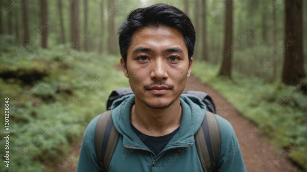 East Asian Male Hiker Walking Toward Camera on Forest Trail, Symbolizing Adventure and Connection to Nature East Asian Male Hiker Walking Toward Camera on Forest Trail, Symbolizing Adventure and Connection to Nature