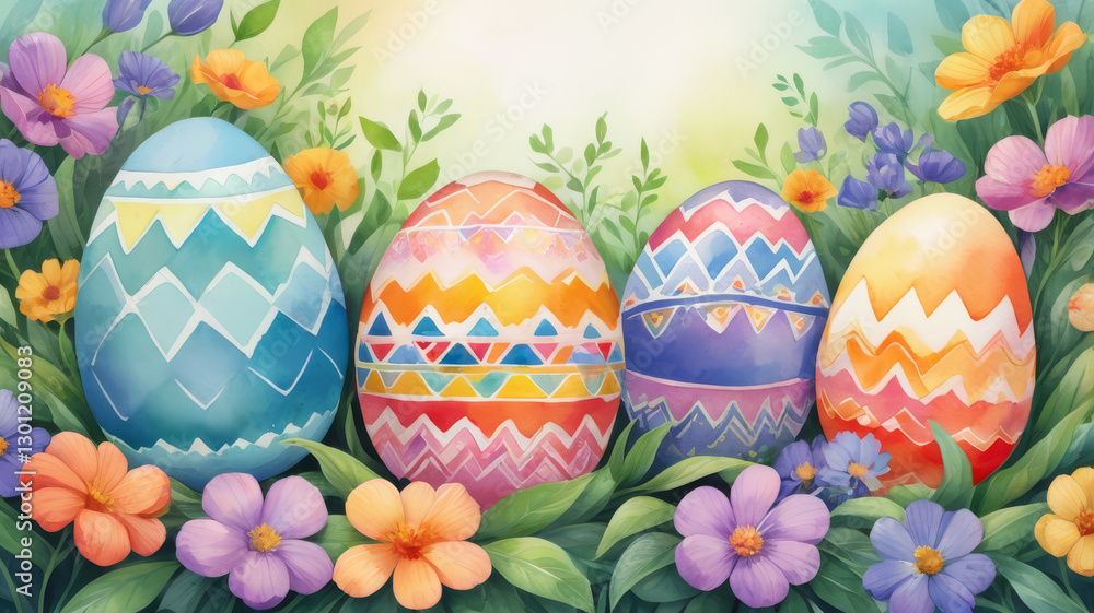 Fototapeta premium Four colorful Easter eggs decorated with flowers on a spring background with space for text