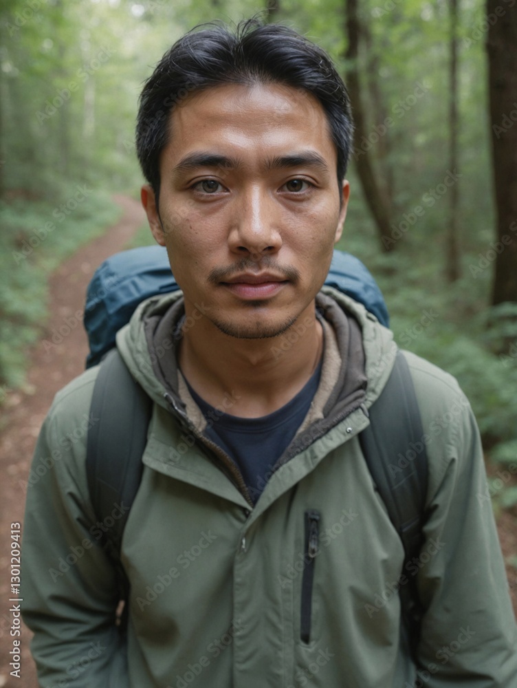East Asian Male Hiker Walking Toward Camera on Forest Trail, Symbolizing Adventure and Connection to Nature East Asian Male Hiker Walking Toward Camera on Forest Trail, Symbolizing Adventure and Connection to Nature