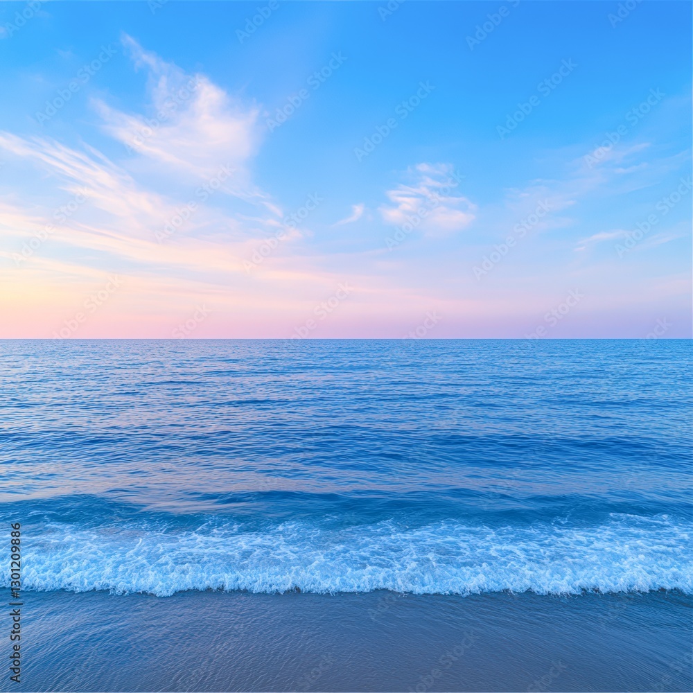Obraz premium A serene seascape featuring calm waters under a pastel sky at dusk, Ideal for travel blogs, relaxation themes, or nature projects, conveying tranquility and natural beauty,