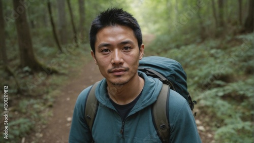 East Asian Male Hiker Walking Toward Camera on Forest Trail, Symbolizing Adventure and Connection to Nature