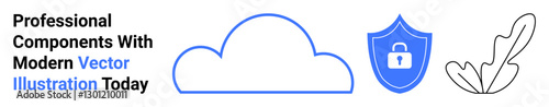 Cloud outline, shield with lock for security, leaf element highlighting eco-friendliness. Ideal for technology, data storage, cybersecurity, eco-tech, innovation, online services flat landing page