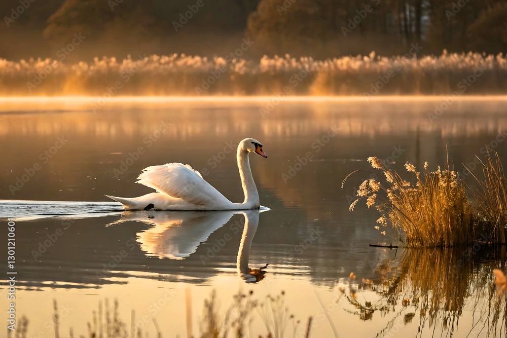 Fototapeta premium Serene Swan Gliding on Misty Golden Lake at Sunset