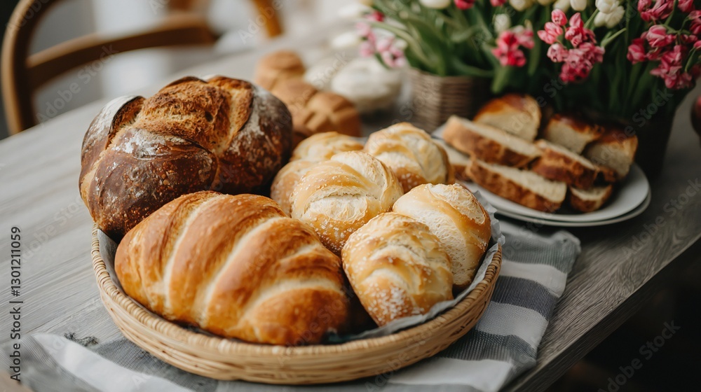 Easter Holiday, Easter Concept, Assorted Artisan Breads and Rolls in Wicker Basket Rustic Bakery Setting Easter Holiday, Easter Concept, Assorted Artisan Breads and Rolls in Wicker Basket Rustic Bakery Setting