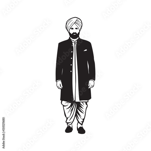 Black and white illustration, Sikh man, traditional attire, sherwani, turban