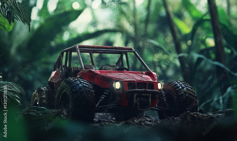 Red buggy vehicle navigates dense green jungle. Red buggy vehicle navigates dense green jungle.