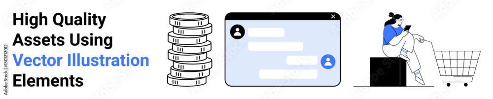 Coins stacked for financial data, user interface chat screen, person sitting near shopping cart. Ideal for fintech, e-commerce, communication, data storage, user apps, online shopping flat landing Coins stacked for financial data, user interface chat screen, person sitting near shopping cart. Ideal for fintech, e-commerce, communication, data storage, user apps, online shopping flat landing