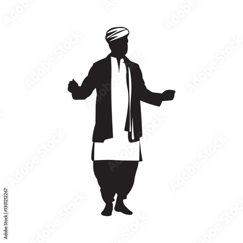 Black and white illustration, Sikh man, traditional attire, sherwani, turban
