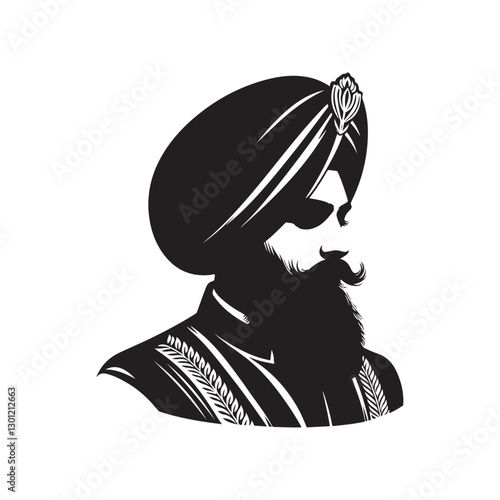 Black and white illustration, Sikh man, traditional attire, sherwani, turban