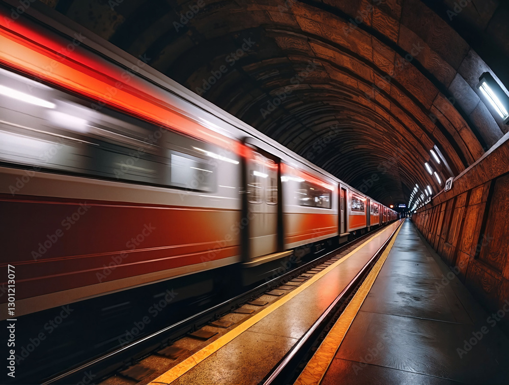 Fototapeta premium Fast-moving subway train passing through a modern underground station