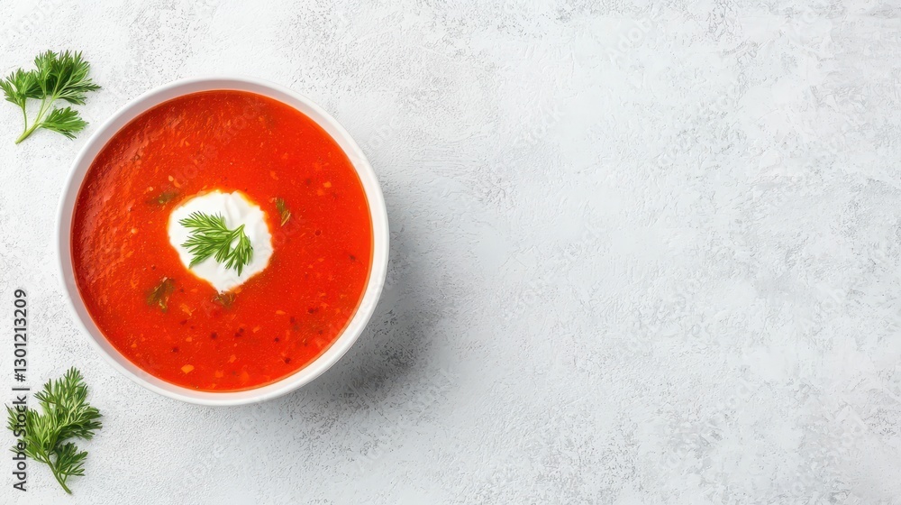 A creamy tomato soup garnished with fresh herbs, served in a white bowl, on a light textured background. A creamy tomato soup garnished with fresh herbs, served in a white bowl, on a light textured background.