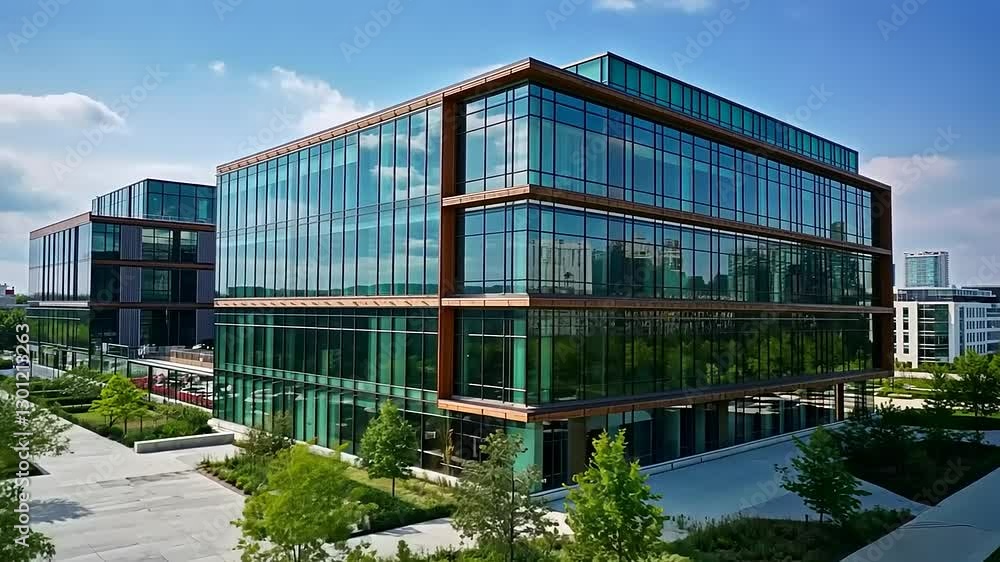 Modern glass office building surrounded by greenery and blue skies. Modern glass office building surrounded by greenery and blue skies.