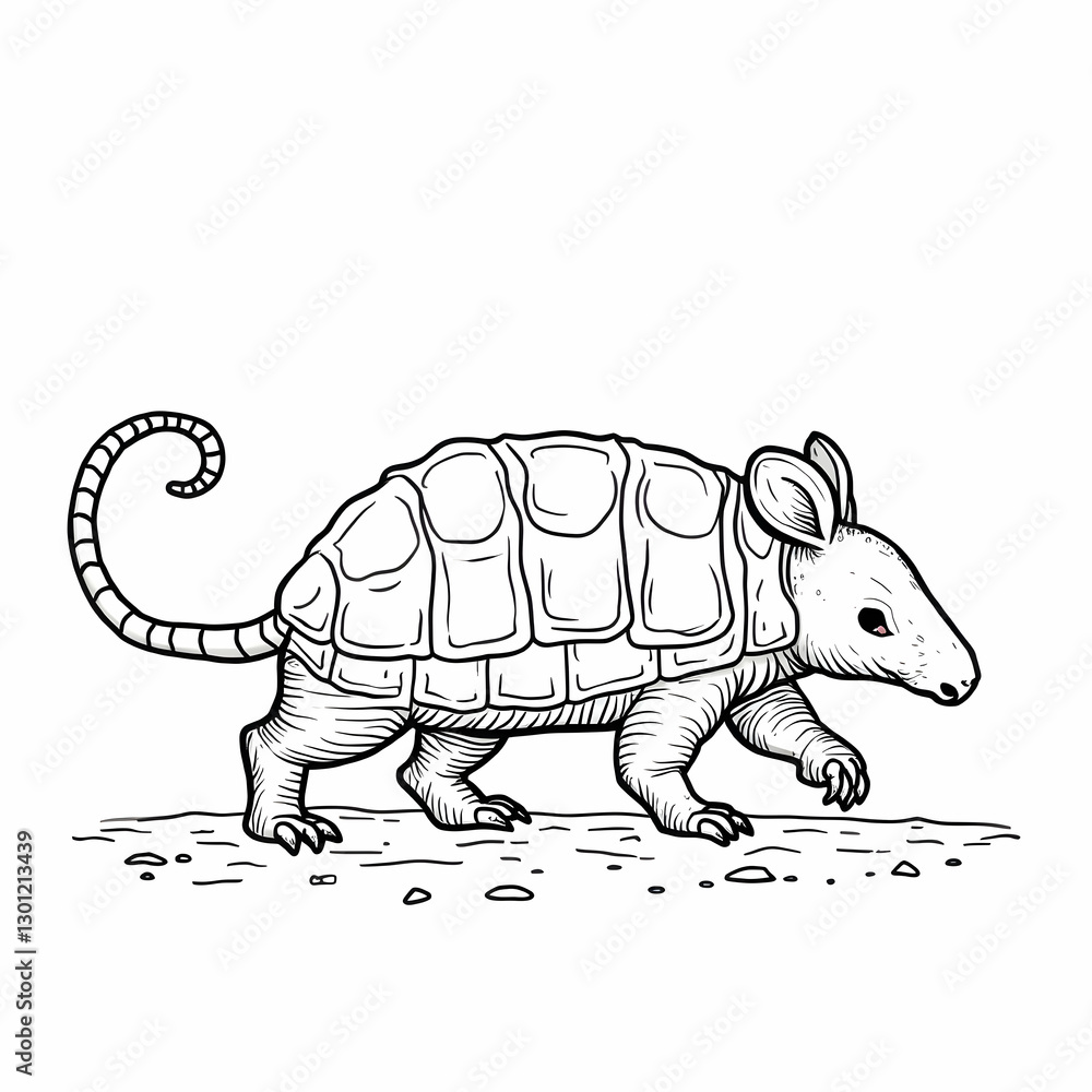 Fototapeta premium Armadillo Walking with Curled Tail Line Art
