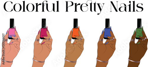 Pretty Colorful Nail Polish: An assortment of hands, each with a unique skin tone and adorned with stylish rings, gracefully displays bottles of vibrant nail polish.