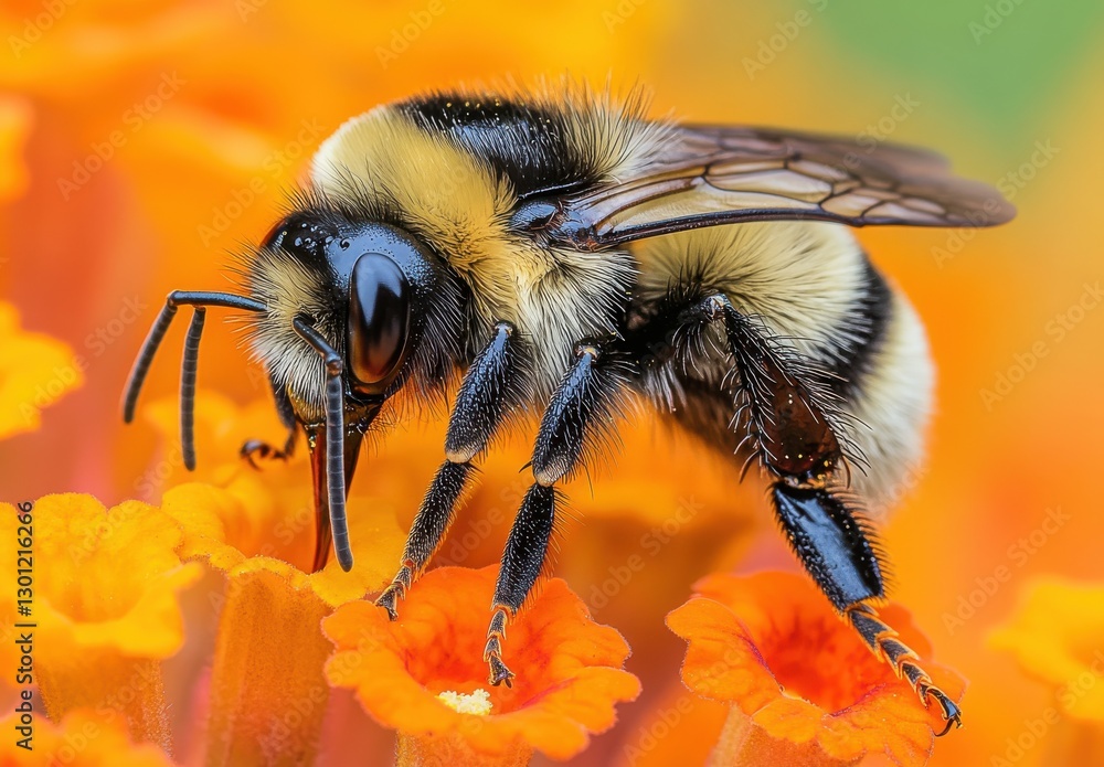 Close-up of a Bumblebee Pollinating Bright Orange Flowers with Soft Fuzzy Fur and Detailed Features Captured in Nature's Colorful Garden Setting Close-up of a Bumblebee Pollinating Bright Orange Flowers with Soft Fuzzy Fur and Detailed Features Captured in Nature's Colorful Garden Setting