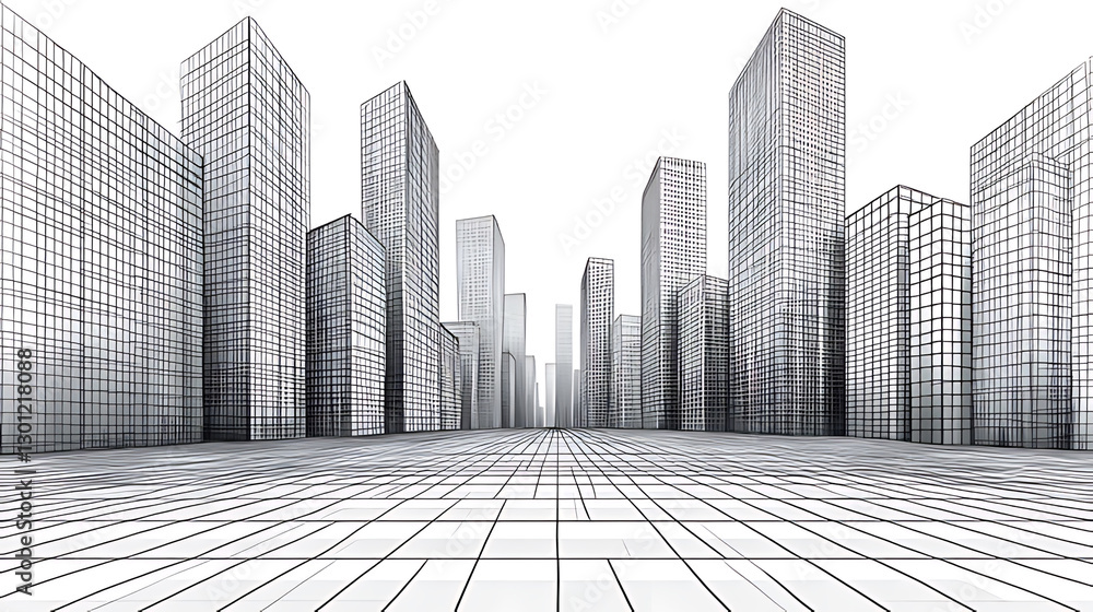 Fototapeta premium Architectural Cityscape Featuring Modern Skyscrapers with Abstract Grid Design
