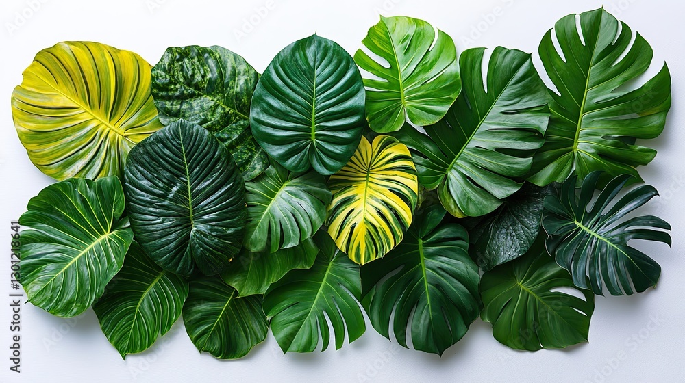 Fototapeta premium A vibrant bouquet of various tropical leaves arranged on a clean white background.