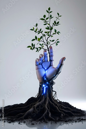 AI Robotic Hand Holding a Growing Tree – Green Technology and Sustainable AI