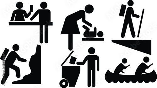 A busy life of different people performing their works, Hiking silhouette, A domestic woman cares her baby, Boating vector,