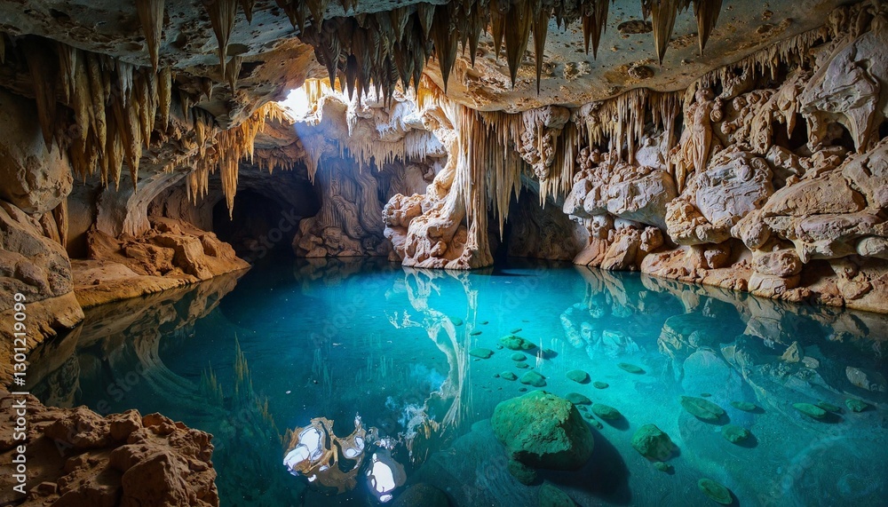 Fototapeta premium Cave interior with turquoise water and stalactites