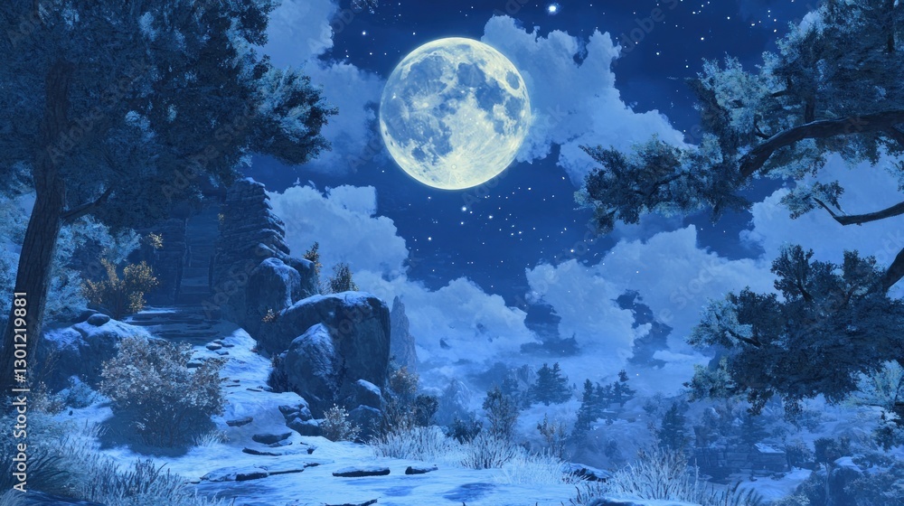 Naklejka premium Mystical Winter Landscape with Full Moon Shining Brightly in Night Sky