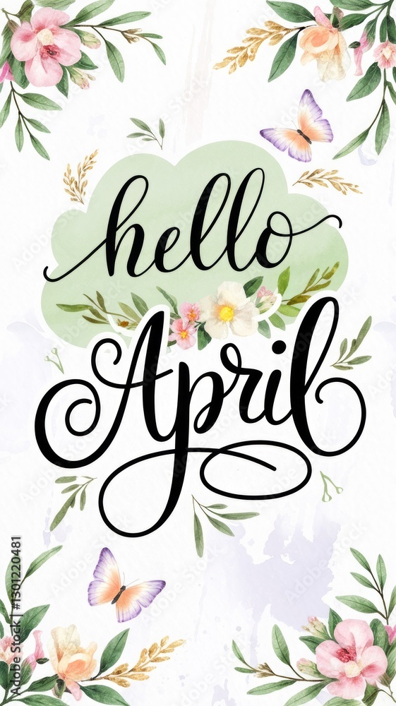 Obraz premium Spring-Themed 'Hello April' Illustration with Floral Decor and Butterflies Generative AI
