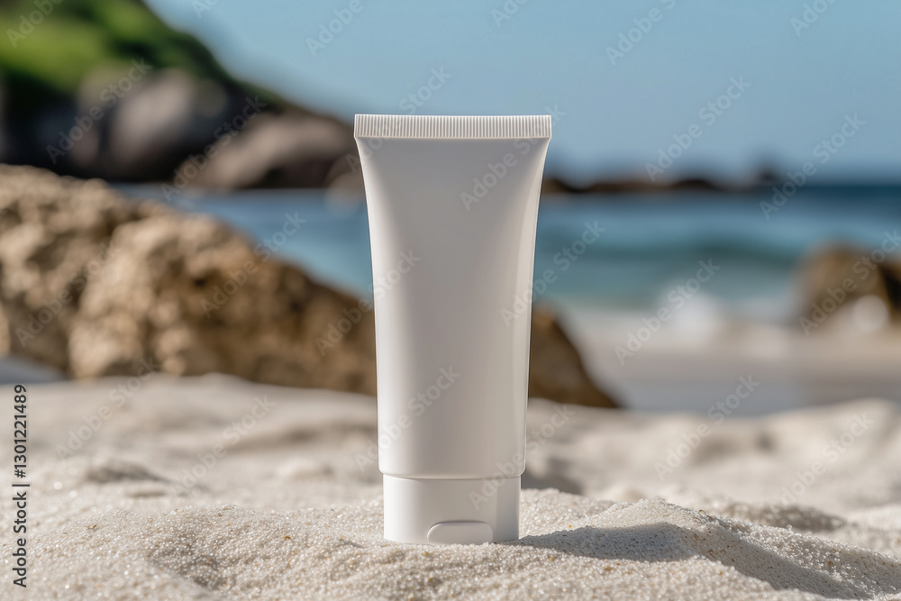 A white tube of cream rests on sandy beach terrain with a tranquil ocean backdrop. The sun casts soft light, highlighting natural textures and a refreshing atmosphere. A white tube of cream rests on sandy beach terrain with a tranquil ocean backdrop. The sun casts soft light, highlighting natural textures and a refreshing atmosphere.