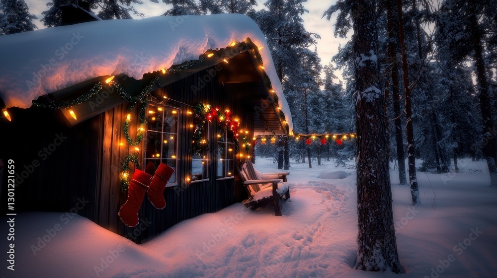 Naklejka premium Snowy cabin decorated for Christmas, forest backdrop, winter evening