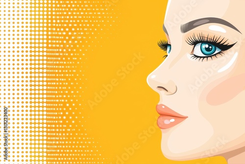 Woman with blue eyes and long eyelashes in retro comic pop art style inspired by 1960s design