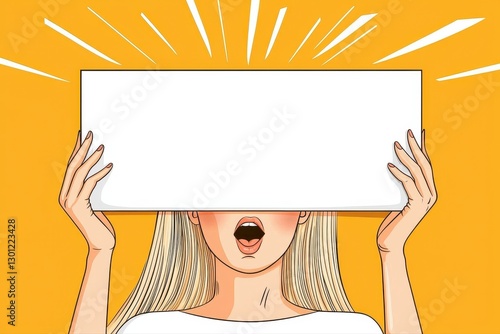 Woman holding white sheet with screaming face in comic pop art style inspired by 1960s retro design