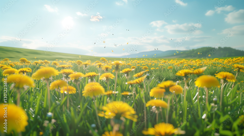 Fototapeta premium A vast field of blooming dandelions, with vibrant yellow flowers stretching endlessly across the landscape. A gentle breeze causes the seeds to float gracefully in the air, while a clear sky with soft