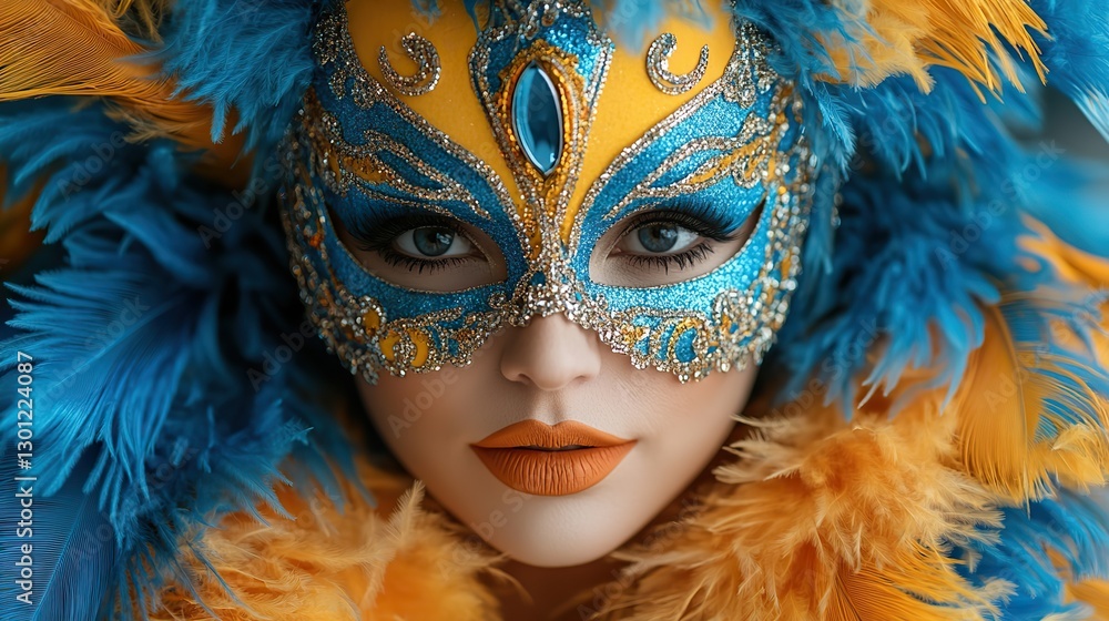 A woman in a feathered mask embodies the energy and vibrancy of Mardi Gras celebrations. A woman in a feathered mask embodies the energy and vibrancy of Mardi Gras celebrations.