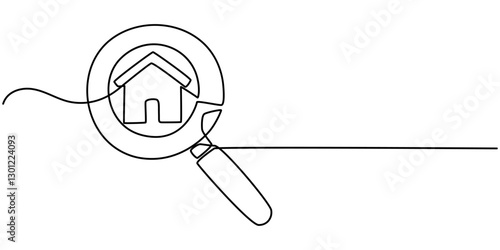Continuous one line drawing big hand holding magnifying glass highlights the miniature house. Targeting a luxury house to be used as a self reward, Home Search, Model house and magnifying glass.