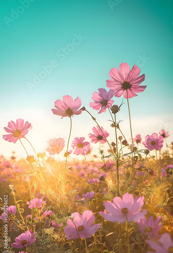 Pink flowers in the garden, Blooming Cosmos Flowers Under Warm Sunrise Glow