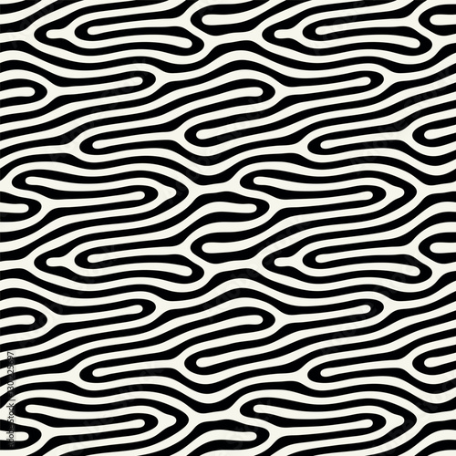 Vector seamless pattern. Free form organic shapes. Stylish smooth weaving structure. Natural zigzag spots. Hand drawn abstract background. Can be used as swatch. Monochrome spotty print.