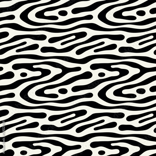 Vector seamless pattern. Free form organic shapes. Stylish smooth weaving structure. Natural zigzag spots. Hand drawn abstract background. Can be used as swatch. Monochrome spotty print.