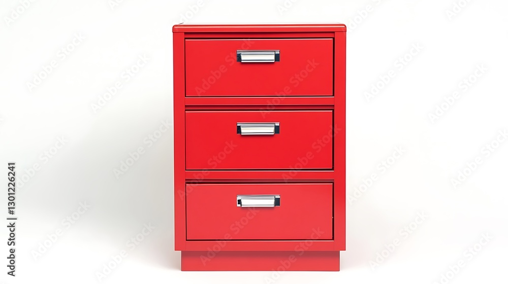 Red three-drawer furniture item in-house asset white background modern design minimalist viewpoint Red three-drawer furniture item in-house asset white background modern design minimalist viewpoint