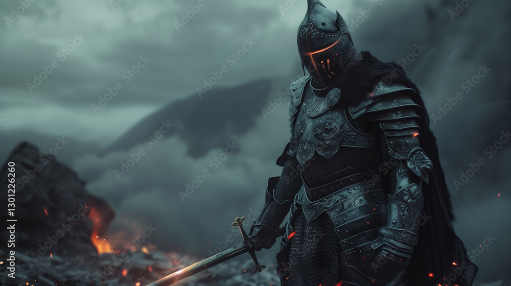 Obraz premium A dark fantasy warrior in intricate armor adorned with glowing runes, standing on a misty battlefield. The scene is filled with an atmosphere of mystique and danger. An epic cinematic shot captures th