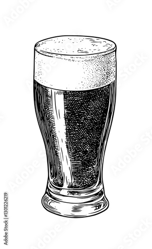 Vector engraved illustration of a frothy dark beer in a traditional glass for product design use